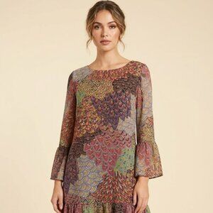 PRELUDE Colorful Print Bell Sleeve Shift Ruffle Trim Dress With Slip Size 10